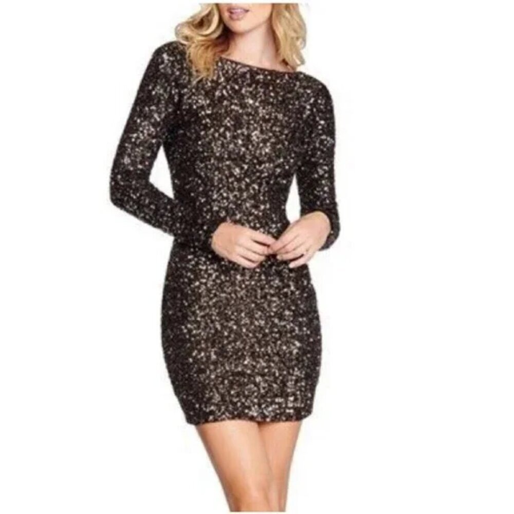Dress the Population Sequin Long Sleeve Mini Dress Black Silver Bronze Small